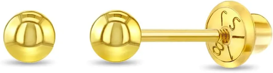 18k Yellow Gold Classic Ball Safety Screw Back Stud Earrings for Babies, Infants, Toddlers, and Little Girls 3mm-5mm - Traditional Plain Ball 18k Gold Stud Earrings for Baby Girls