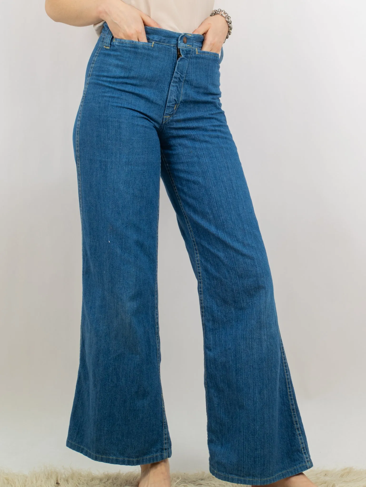 1970s Mid-Wash Blue Bellbottom With Arched Butt Jeans