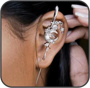 1Pcs Gothic Star Ear Hook Earrings Long Needle Punk Crystal Threadless Piercing Earring Statement Moon Wrap Earrings for Women Vintage Goth Climber Crawler Earrings Silver Jewelry Gift Cosplay Costume