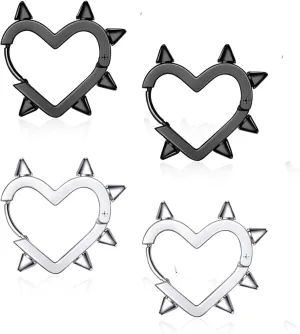2 Pairs Silver Black Heart Hoop Earrings for Women Men Stainless Steel Y2k Punk Goth Spike Heart Earrings Jewelry Gift