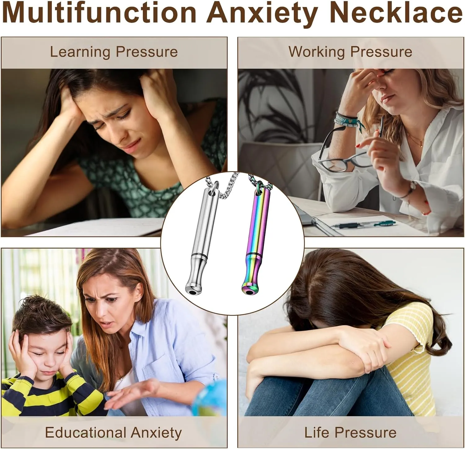2 PCS Breathing Necklace, Stainless Steel Anxiety Breathing Necklace, Mindful Necklaces for Anxiety Stress Relief, Meditation Stylish Pendant Gift for Women Men