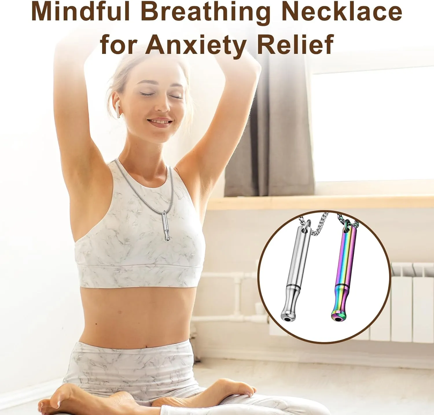 2 PCS Breathing Necklace, Stainless Steel Anxiety Breathing Necklace, Mindful Necklaces for Anxiety Stress Relief, Meditation Stylish Pendant Gift for Women Men
