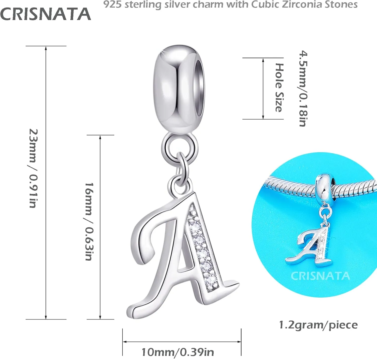26 Letter Pendant Charms, Polished 925 Sterling Silver Complete Initial A-Z Dangling CZ Stone Alphabet Beads, fits European Bracelet Necklace, Gift for Mother/Father/Daughter/Son/Sister/Aunt