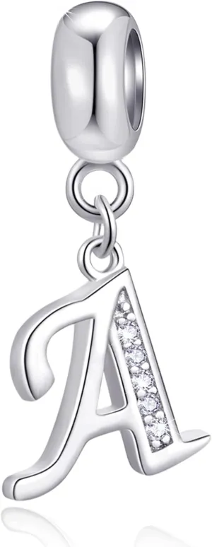 26 Letter Pendant Charms, Polished 925 Sterling Silver Complete Initial A-Z Dangling CZ Stone Alphabet Beads, fits European Bracelet Necklace, Gift for Mother/Father/Daughter/Son/Sister/Aunt