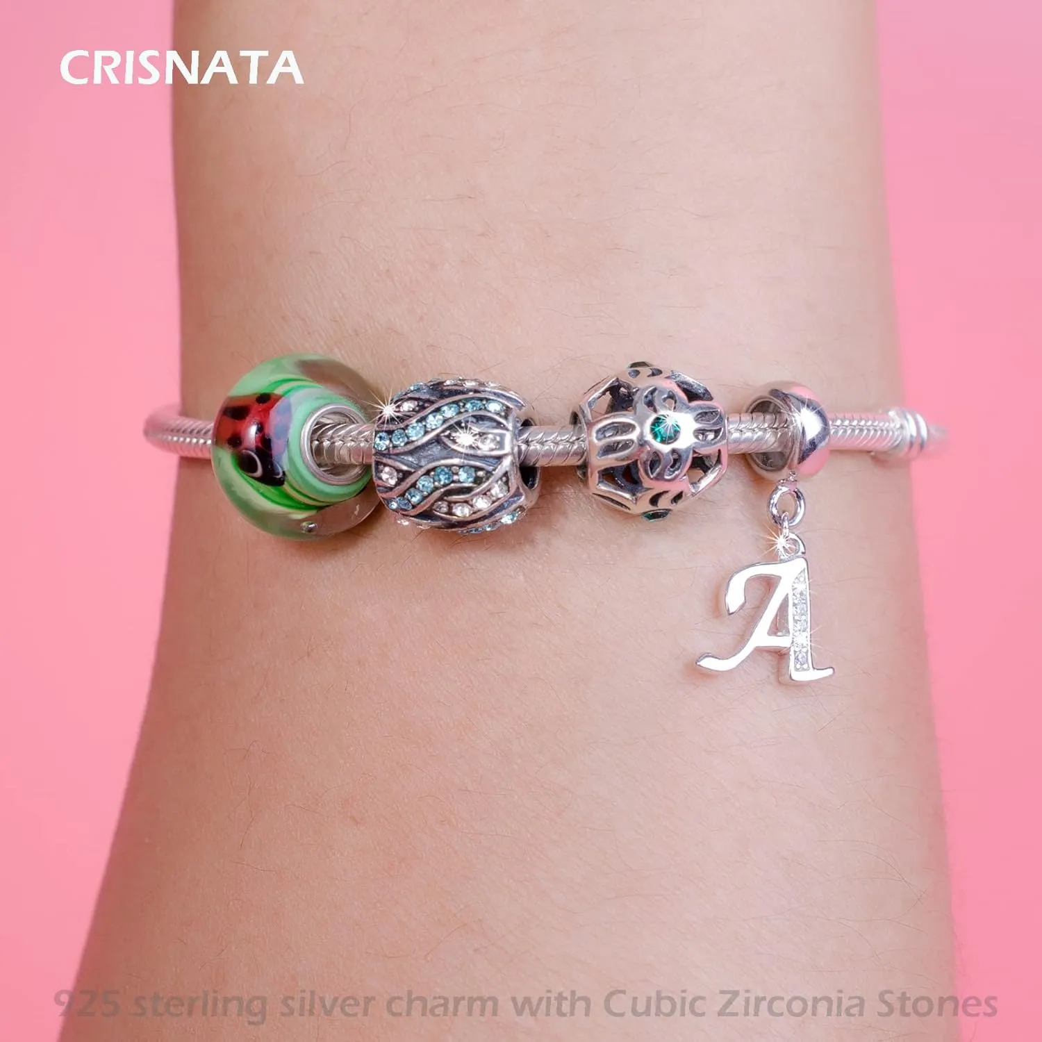 26 Letter Pendant Charms, Polished 925 Sterling Silver Complete Initial A-Z Dangling CZ Stone Alphabet Beads, fits European Bracelet Necklace, Gift for Mother/Father/Daughter/Son/Sister/Aunt