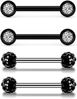 2Pairs 14G Stainless Steel Nipple Rings Black CZ Balls Straight Barbell Bars Tongue Ring 14mm(9/16Inch) Body Piercing Jewelry Set