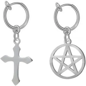 2Pcs Cross Star Fake Belly Button Rings for Women Stainless Steel Clip On Non Piercing Belly Navel Rings Dangling Fake Belly Piercing Jewelry