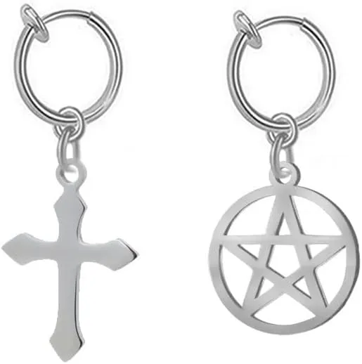 2Pcs Cross Star Fake Belly Button Rings for Women Stainless Steel Clip On Non Piercing Belly Navel Rings Dangling Fake Belly Piercing Jewelry