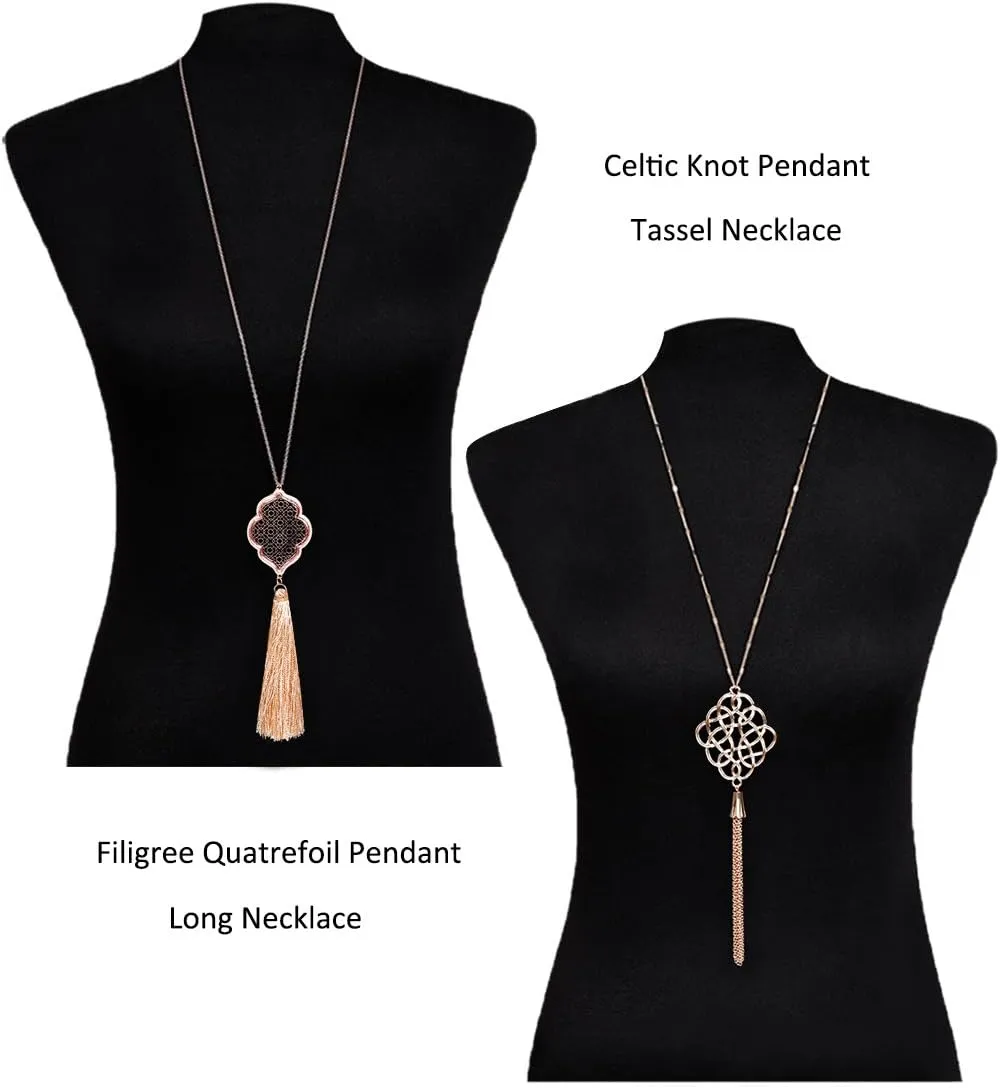 2Pcs Long Chain Pendant Necklace Set, Filigree Quatrefoil and Celtic Knot Pendant Tassel Y Necklaces for Women