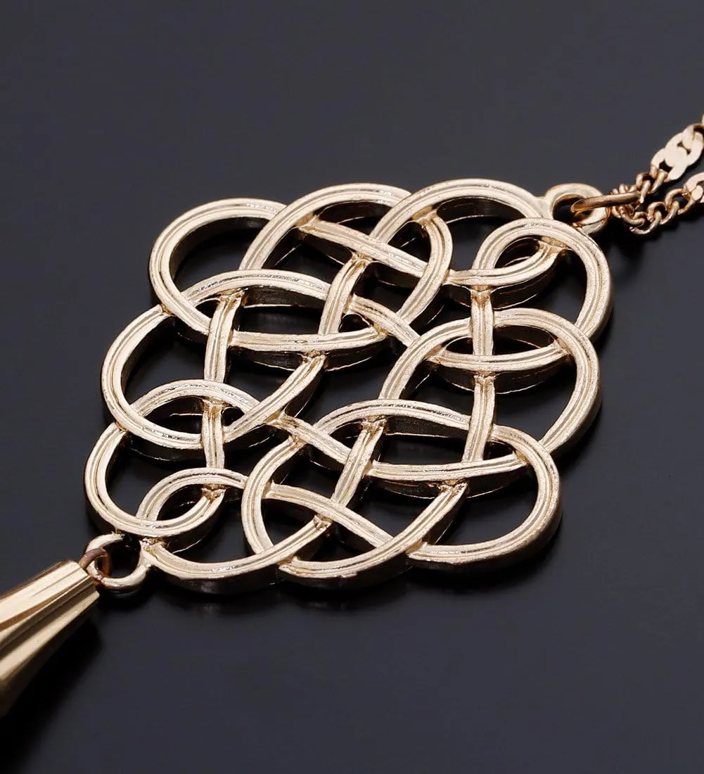 2Pcs Long Chain Pendant Necklace Set, Filigree Quatrefoil and Celtic Knot Pendant Tassel Y Necklaces for Women