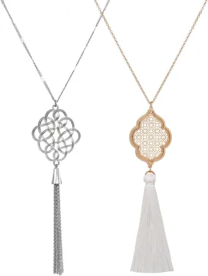2Pcs Long Chain Pendant Necklace Set, Filigree Quatrefoil and Celtic Knot Pendant Tassel Y Necklaces for Women