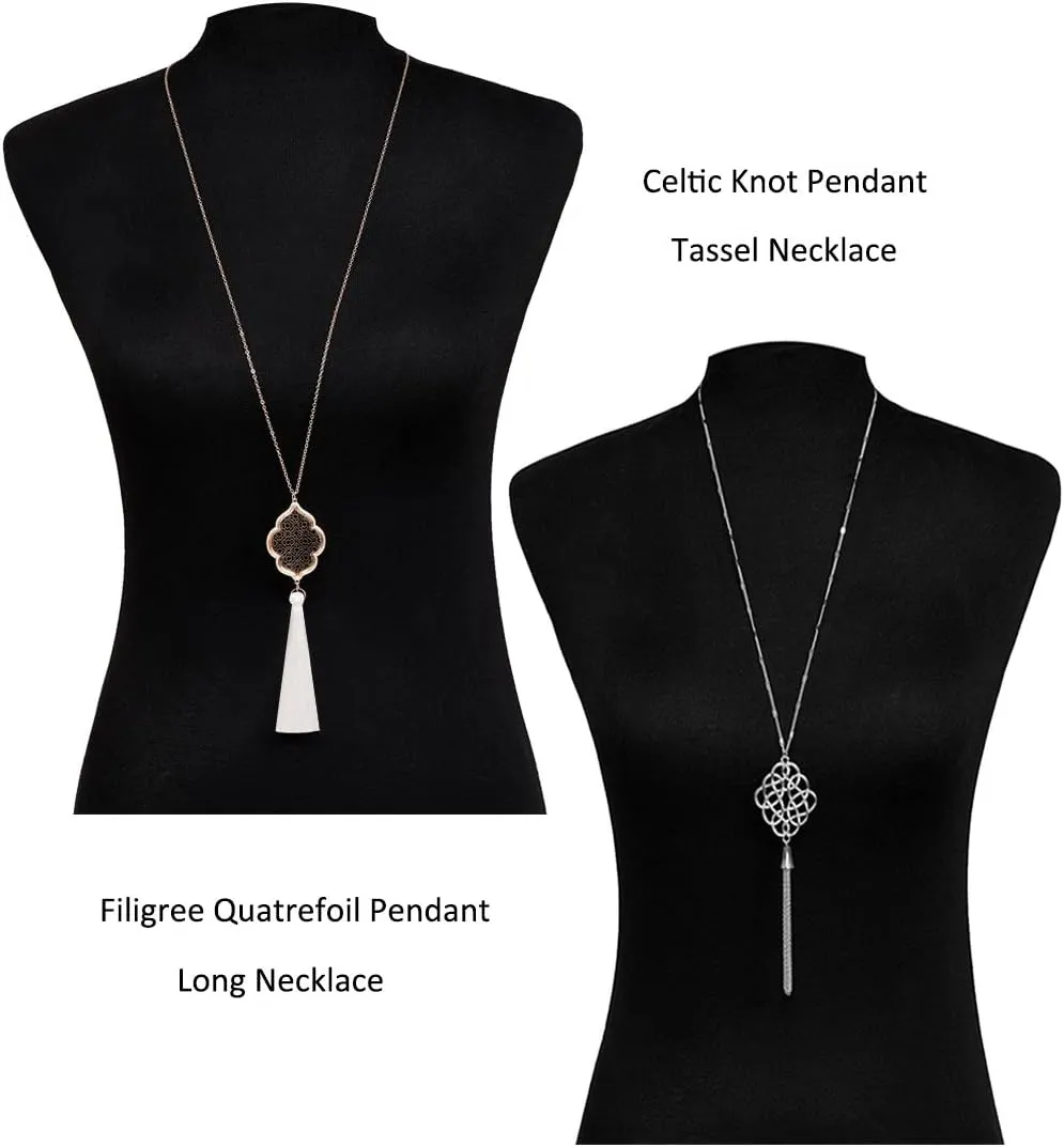 2Pcs Long Chain Pendant Necklace Set, Filigree Quatrefoil and Celtic Knot Pendant Tassel Y Necklaces for Women
