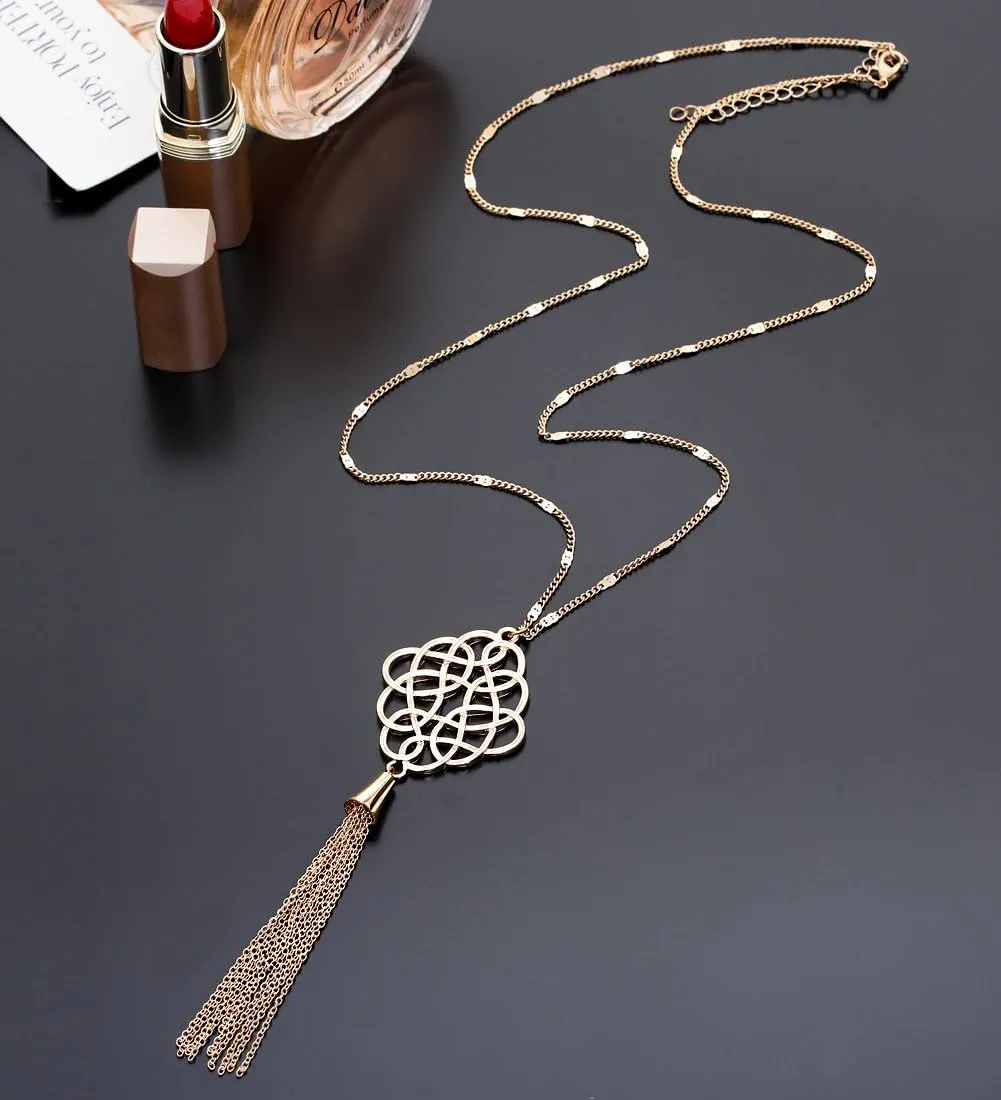 2Pcs Long Chain Pendant Necklace Set, Filigree Quatrefoil and Celtic Knot Pendant Tassel Y Necklaces for Women