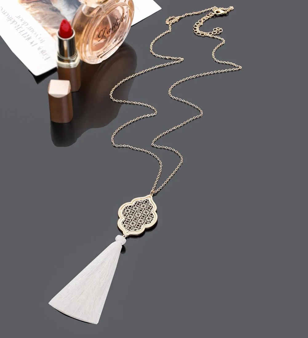 2Pcs Long Chain Pendant Necklace Set, Filigree Quatrefoil and Celtic Knot Pendant Tassel Y Necklaces for Women