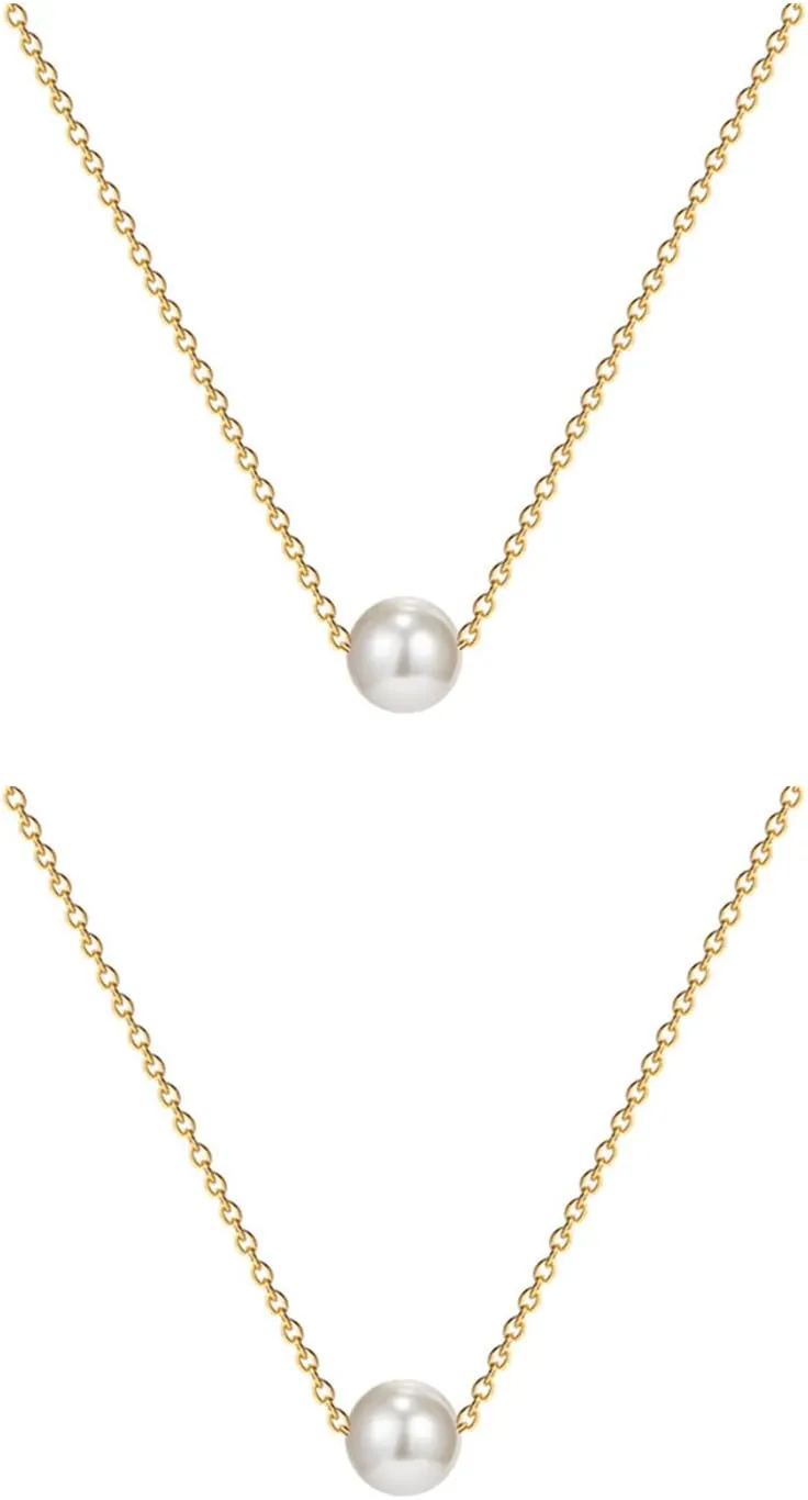 2Pcs Pearl Pendant Necklaces Freshwater Cultured Single Pearl Necklace Delicate Pearl Pendant Gold Necklace Bridesmaid Gifts for Wedding Engagement Women Girl Bride