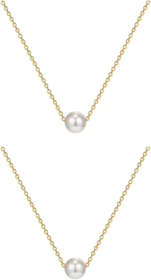 2Pcs Pearl Pendant Necklaces Freshwater Cultured Single Pearl Necklace Delicate Pearl Pendant Gold Necklace Bridesmaid Gifts for Wedding Engagement Women Girl Bride
