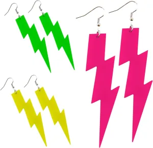 3 Pcs Neon Lightning Bolt Earring,80s Earrings Acrylic Exaggerated Lightning Bolt Earrings for Women,for Women Glow Party Costume Accessories Jewelry