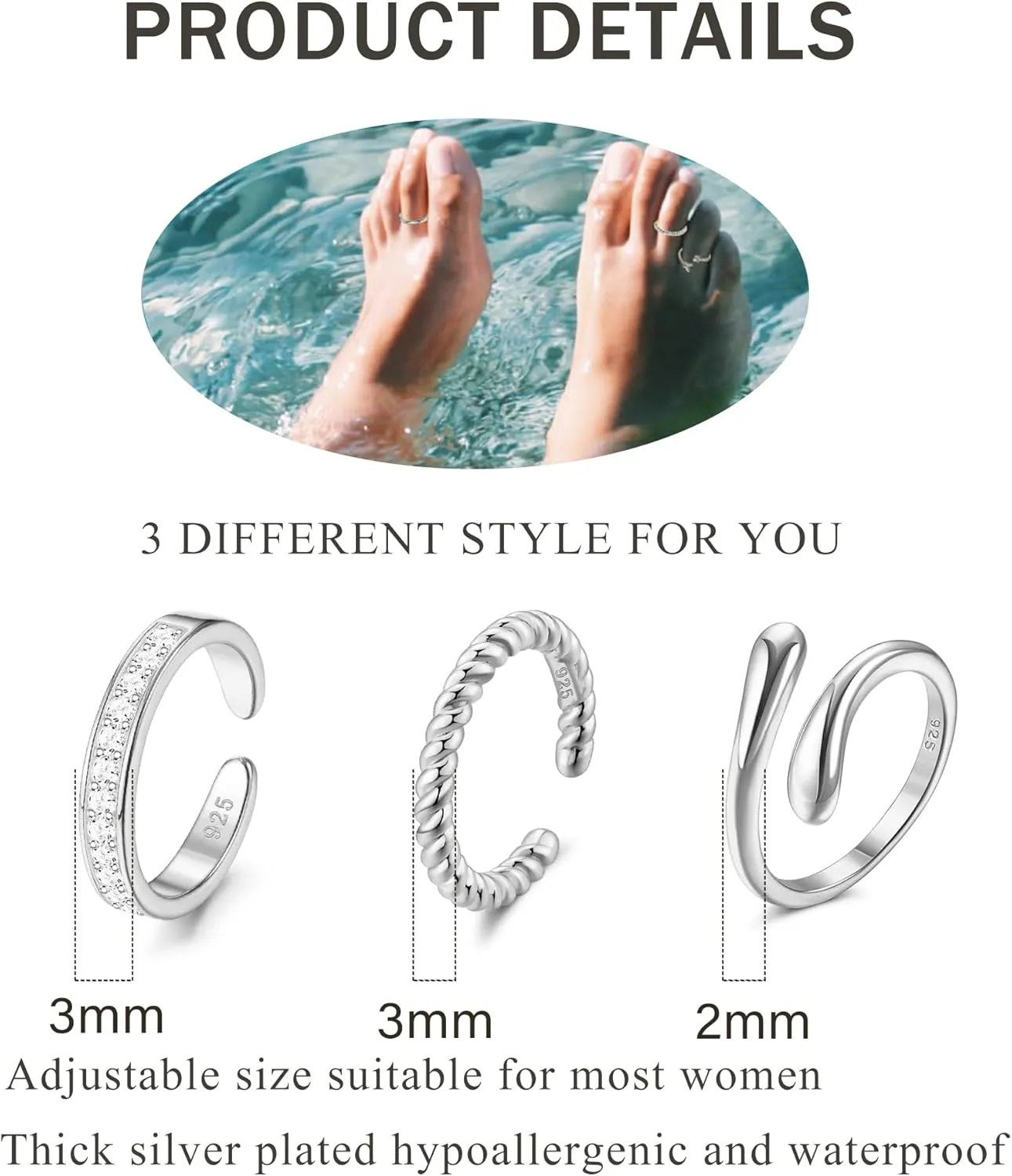 3pcs 14K Gold/Silver Plated Toe Rings for Women Adjustable Trendy Band Cubic Zirconia Rings Summer Beach Open Toe Rings Foot Jewelry