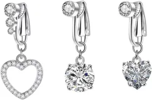 3Pcs Heart Round Fake Belly Button Rings Clear CZ Stainless Steel Clip On Non Piercing Belly Navel Barbell Rings Fake Belly Button Piercing Jewelry