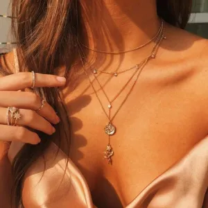 4 Tier Bohemia Flower Y Coin Layered Necklace Bar Charm Pendant Neckalce Delicate Station Chain Multilayer Dics Bar Choker Necklaces for Women