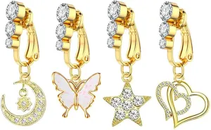 4Pcs Moon Butterfly Star Heart Fake Belly Button Rings for Women Stainless Steel 18K Gold Plated Clip On Non Piercing Belly Navel Rings Fake Belly Jewelry