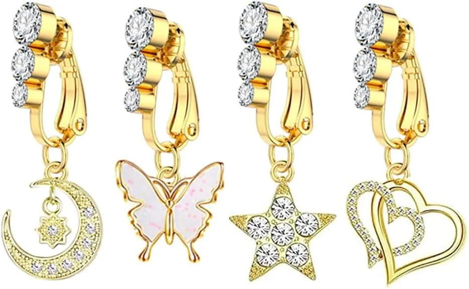 4Pcs Moon Butterfly Star Heart Fake Belly Button Rings for Women Stainless Steel 18K Gold Plated Clip On Non Piercing Belly Navel Rings Fake Belly Jewelry