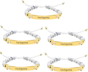 5 Pieces Customized Name ID Bracelets for Women Girls Best Friend, White Turquoise Stone Bracelets for Women Personalized Name with Gold Color Stainless Steel Engraving Plate Y1451