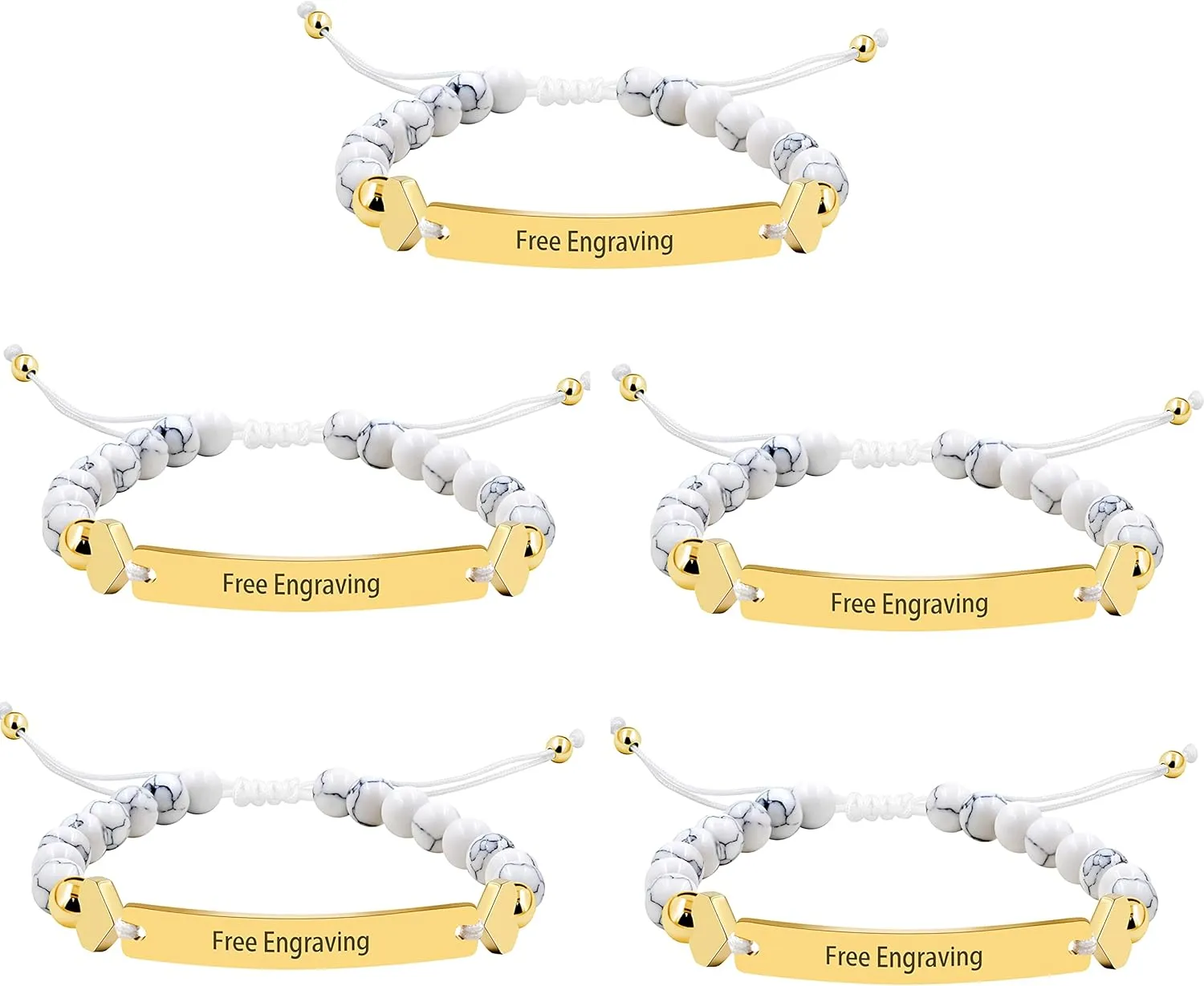 5 Pieces Customized Name ID Bracelets for Women Girls Best Friend, White Turquoise Stone Bracelets for Women Personalized Name with Gold Color Stainless Steel Engraving Plate Y1451