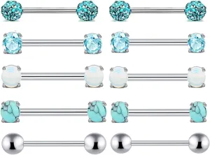 5Pairs 14G Stainless Steel Nipple Rings Blue CZ Ball Straight Barbell Bars Tongue Ring 16mm(5/8Inch) Body Piercing Jewelry Set