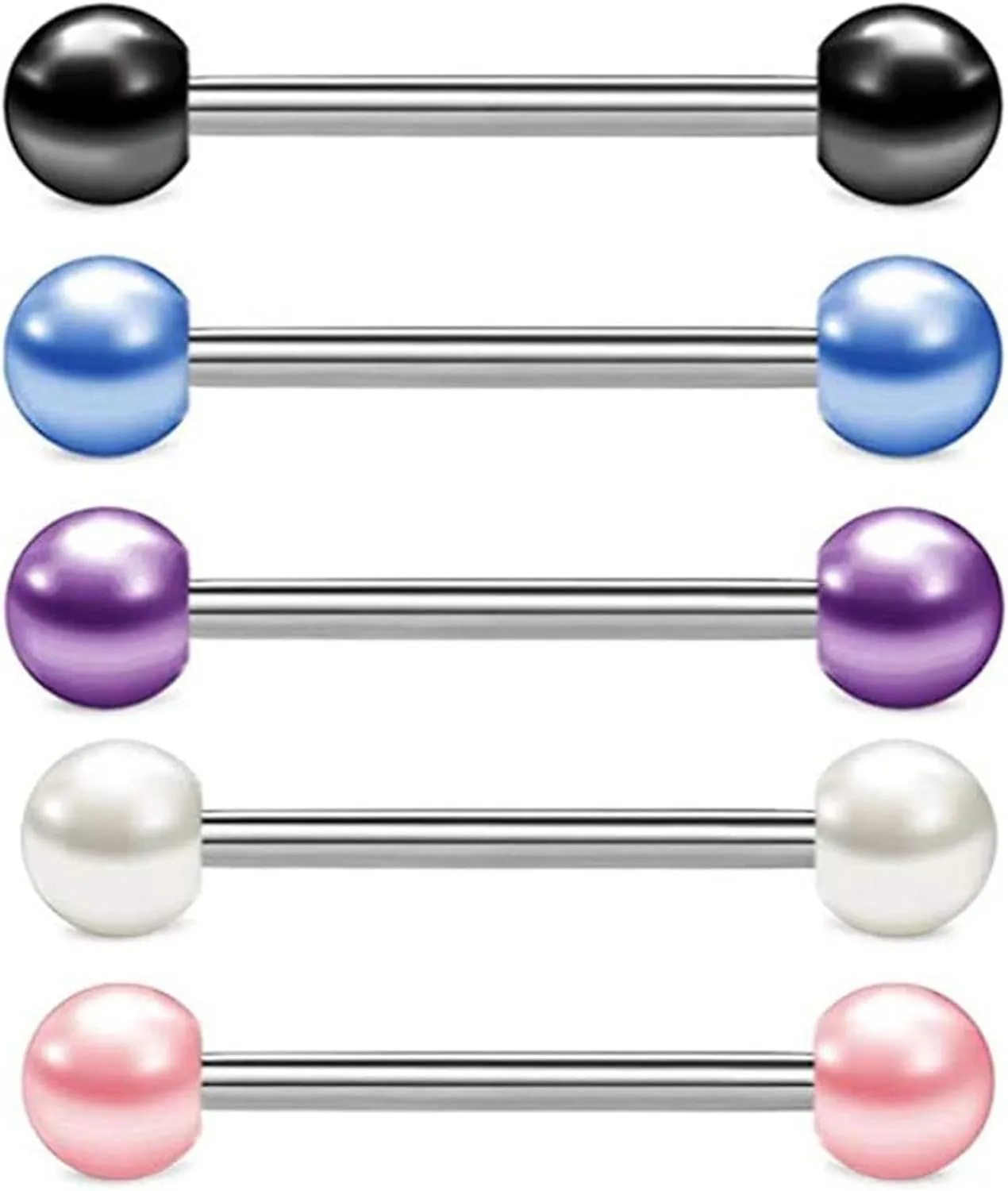 5Pcs 14G Stainless Steel Nipple Rings Solid Pearl Bioplast Ball Straight Barbell Bars Tongue Ring 16mm(5/8Inch) Body Piercing Jewelry