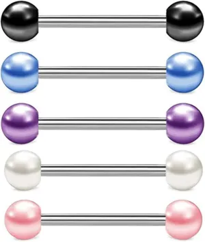 5Pcs 14G Stainless Steel Nipple Rings Solid Pearl Bioplast Ball Straight Barbell Bars Tongue Ring 16mm(5/8Inch) Body Piercing Jewelry