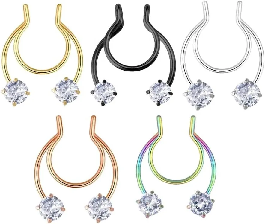 5Pcs CZ Fake Septum Rings Fake Nose Rings Hoop Faux Fake Nose Piercing Jewelry Stainless Steel Non-Piercing Nose Cuffs Clip On Septum Jewelry for Women Men