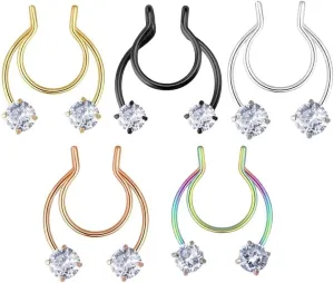 5Pcs CZ Fake Septum Rings Fake Nose Rings Hoop Faux Fake Nose Piercing Jewelry Stainless Steel Non-Piercing Nose Cuffs Clip On Septum Jewelry for Women Men