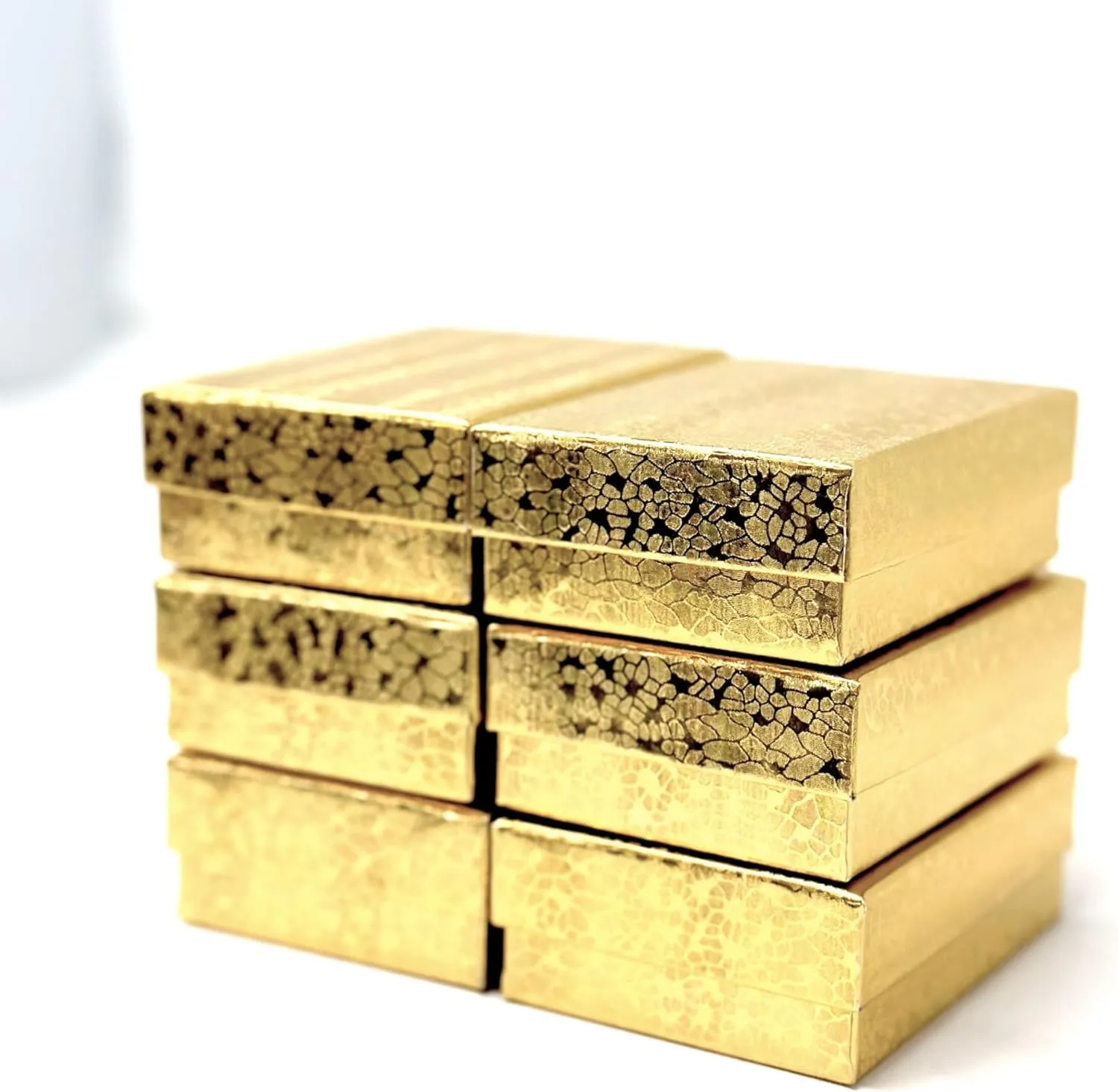 6 Pack Gold Foil Paper Cotton Filled Color Cardboard Jewelry Neck, Ring, Earring, Pendant, Pocket Watch, Body Jewelry, Gift and Retail Boxes Size 3 1/16" x 2 1/8" x 1" Inch - by R J Displays
