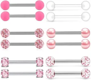 6Pairs 14G Stainless Steel Glitter CZ Nipple Rings Bioplast Silicone Balls Straight Barbell Bars Tongue Ring 16mm(5/8 Inch) Body Piercing Jewelry Set