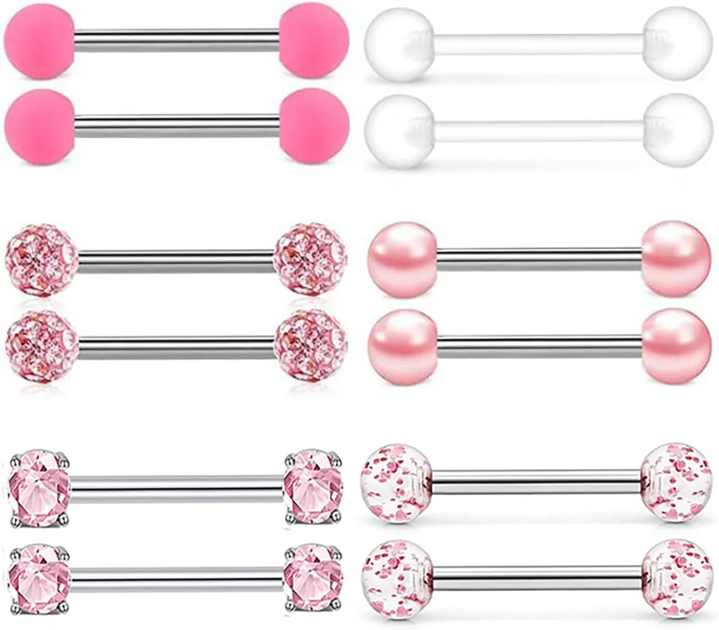 6Pairs 14G Stainless Steel Glitter CZ Nipple Rings Bioplast Silicone Balls Straight Barbell Bars Tongue Ring 16mm(5/8 Inch) Body Piercing Jewelry Set