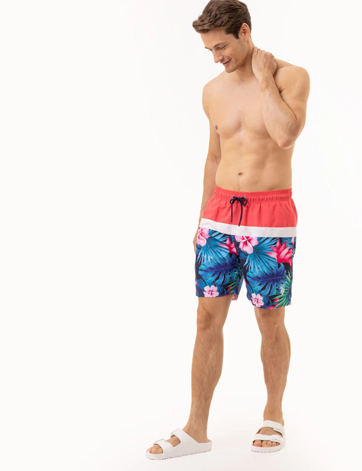 7 TROPICAL COLORBLOCK SWIM TRUNKS