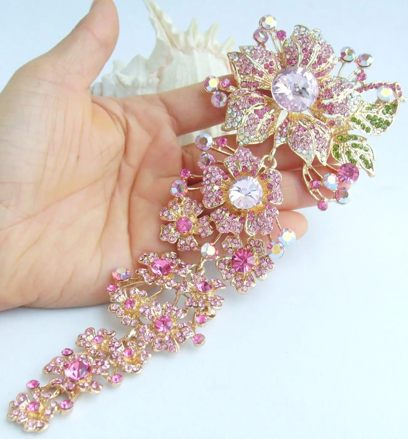 7.28" Stylish Long Orchid Flower Brooch Pin Austrian Crystal BZ4704