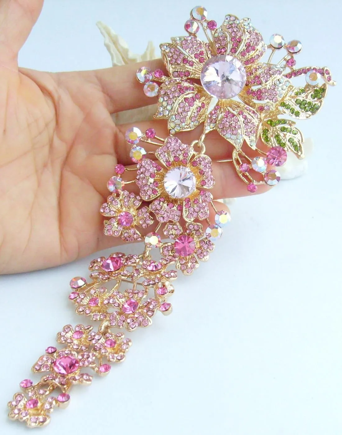 7.28" Stylish Long Orchid Flower Brooch Pin Austrian Crystal BZ4704