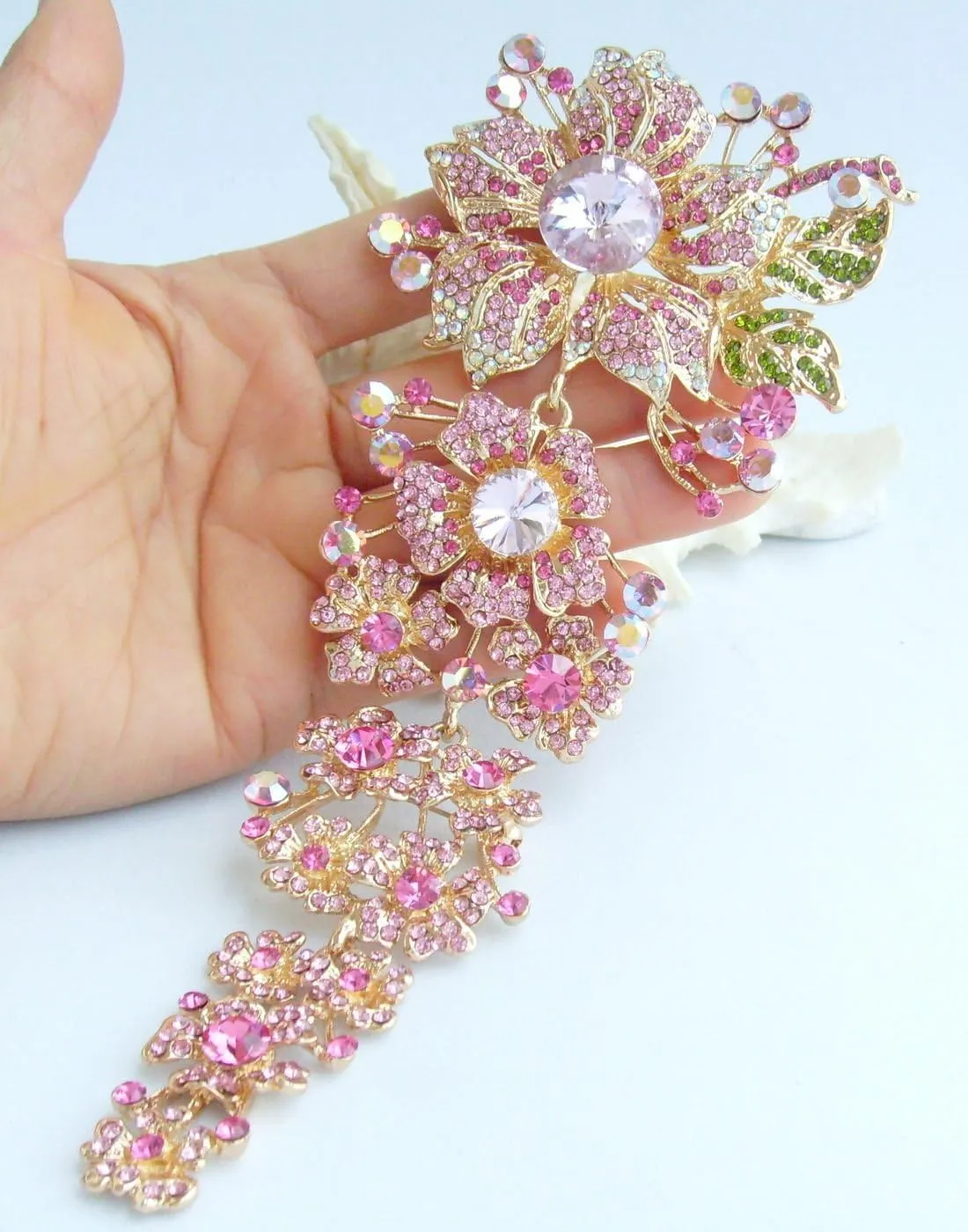 7.28" Stylish Long Orchid Flower Brooch Pin Austrian Crystal BZ4704