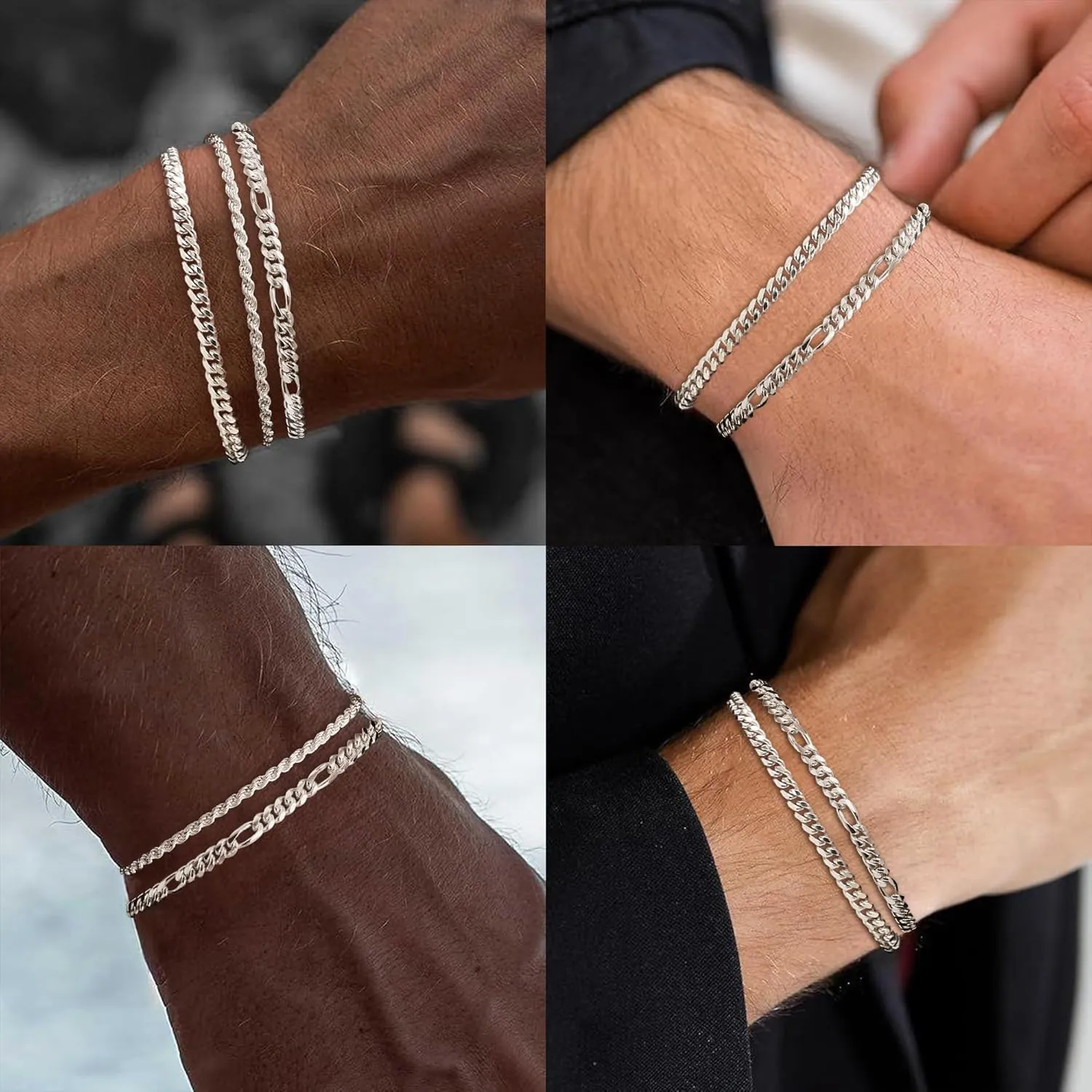 925 Sterling Silver Bracelets for Men, Dainty Rope/Figaro/Cuban Link Silver Chain Bracelet for Men Women Silver Jewelry Gift 6.5-9 inch