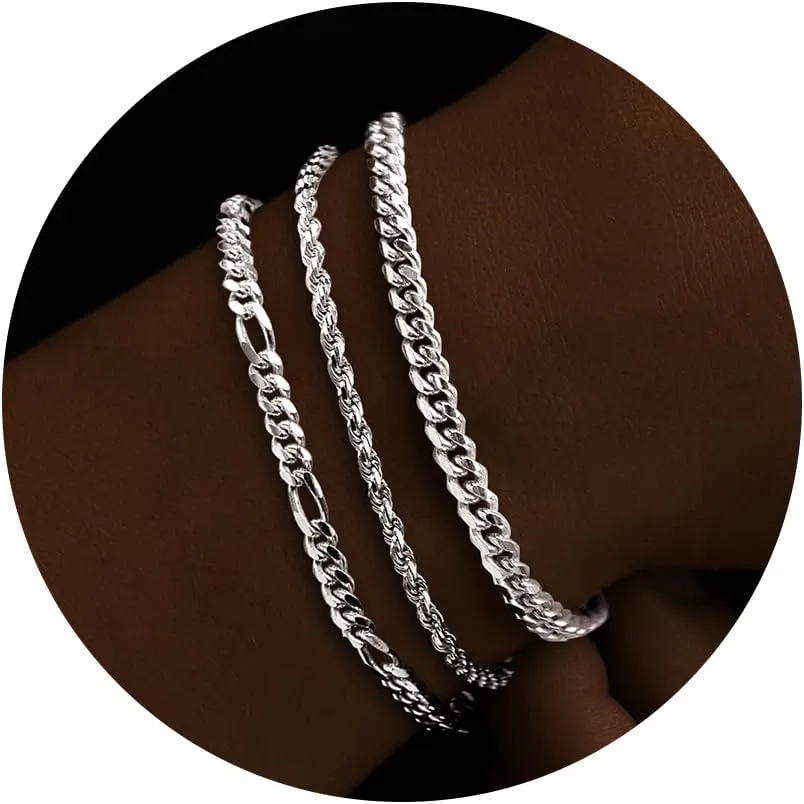 925 Sterling Silver Bracelets for Men, Dainty Rope/Figaro/Cuban Link Silver Chain Bracelet for Men Women Silver Jewelry Gift 6.5-9 inch