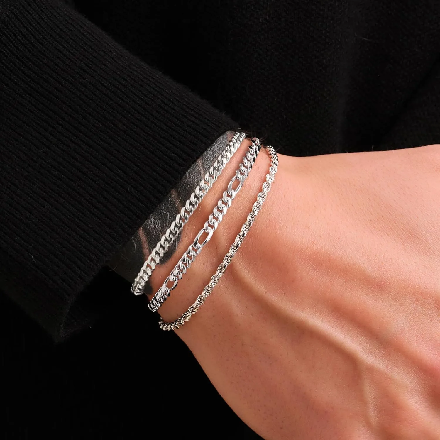 925 Sterling Silver Bracelets for Men, Dainty Rope/Figaro/Cuban Link Silver Chain Bracelet for Men Women Silver Jewelry Gift 6.5-9 inch