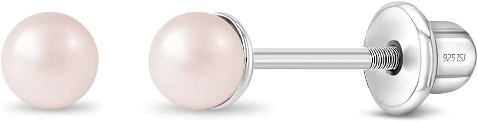 925 Sterling Silver Classic 3mm,4mm,5mm Pink Simulated Pearl Toddler Earrings - Baby Girl Earrings Gift for Birthdays, Baptisms, Holidays, or Any Special Occasion - Adorable Earrings