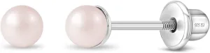 925 Sterling Silver Classic 3mm,4mm,5mm Pink Simulated Pearl Toddler Earrings - Baby Girl Earrings Gift for Birthdays, Baptisms, Holidays, or Any Special Occasion - Adorable Earrings