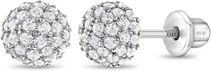 925 Sterling Silver Clear Round 6mm Cubic Zirconia Burst Screw Back Stud Earrings for Young Girls, Great Gift for Babies, Little Girls & Toddlers- Classic Little Ball Baby Earrings. Safety Screw Backs