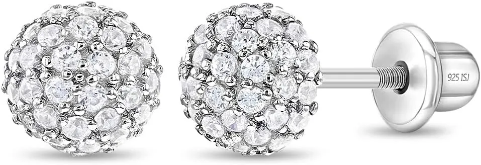 925 Sterling Silver Clear Round 6mm Cubic Zirconia Burst Screw Back Stud Earrings for Young Girls, Great Gift for Babies, Little Girls & Toddlers- Classic Little Ball Baby Earrings. Safety Screw Backs