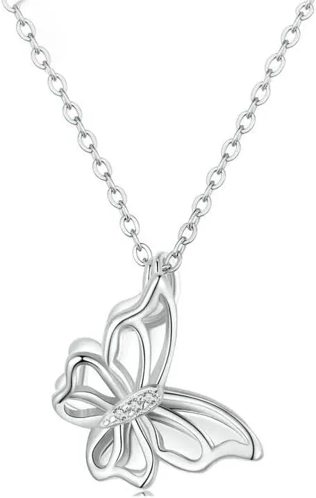 925 Sterling Silver Double Butterfly Pendant Necklace for Women Platinum Plated Delicate Fine Jewelry SSS-0222