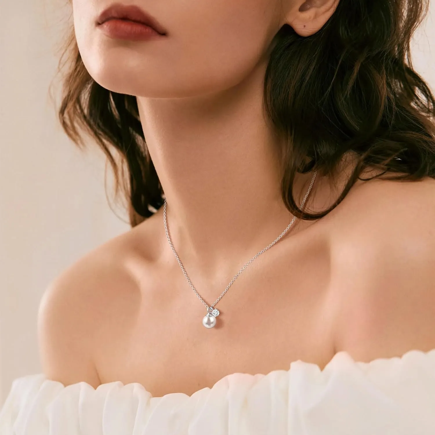 925 Sterling Silver Infinity Pearl Necklace for Women, Dainty Chic Pearl Pendent AAAAA Cubic Zirconia Necklaces Simple Trendy Everyday Jewelry Mothers Day Birthday Gift for Mom Daughter Her