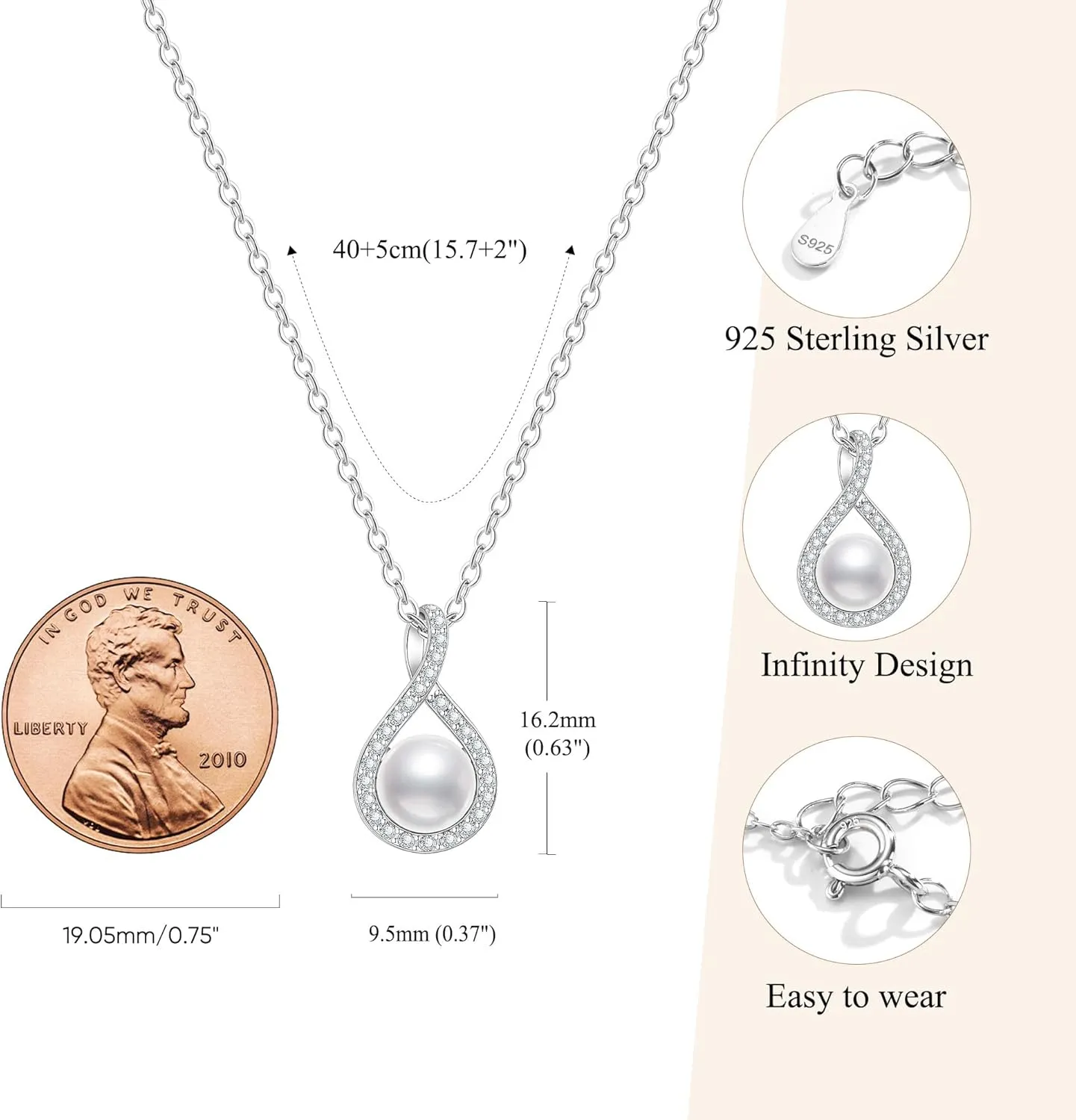 925 Sterling Silver Infinity Pearl Necklace for Women, Dainty Chic Pearl Pendent AAAAA Cubic Zirconia Necklaces Simple Trendy Everyday Jewelry Mothers Day Birthday Gift for Mom Daughter Her